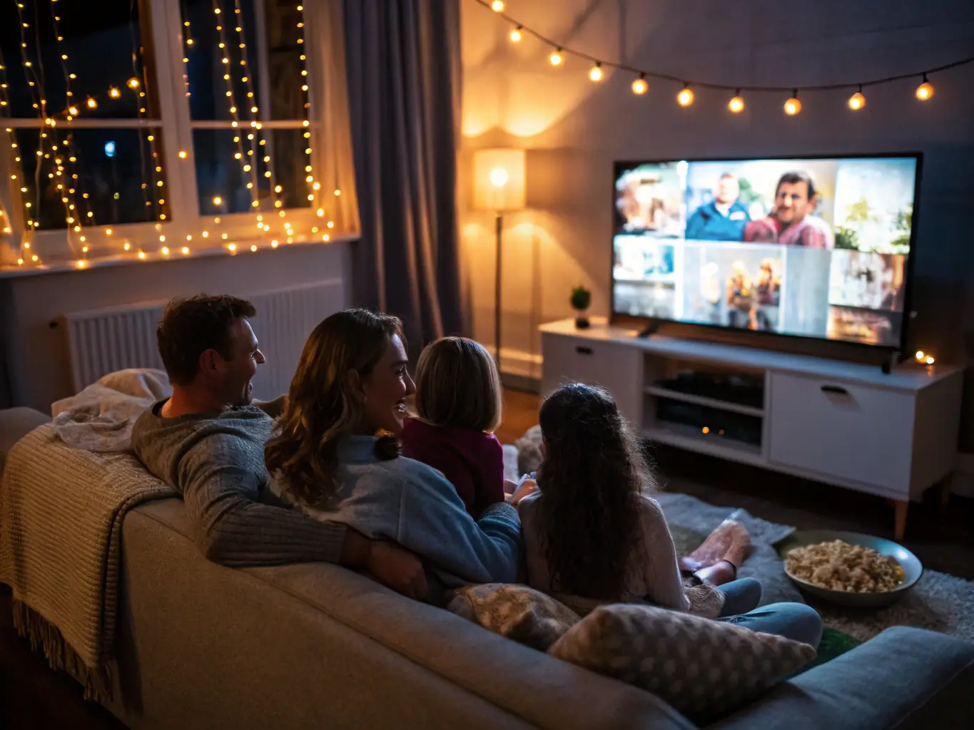 A family streaming a movie on their smart TV, highlighting the high-definition streaming capabilities of Quadcore Broadband.