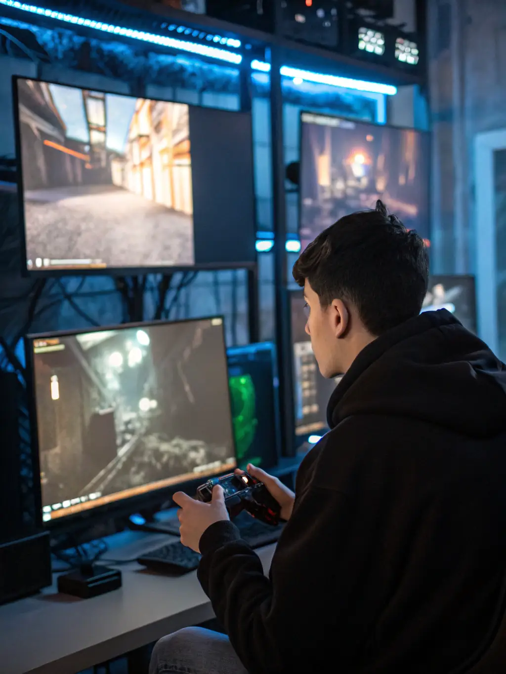 A gamer intensely focused on their screen, highlighting the low latency and high bandwidth provided by Quadcore Broadband's gaming internet service.