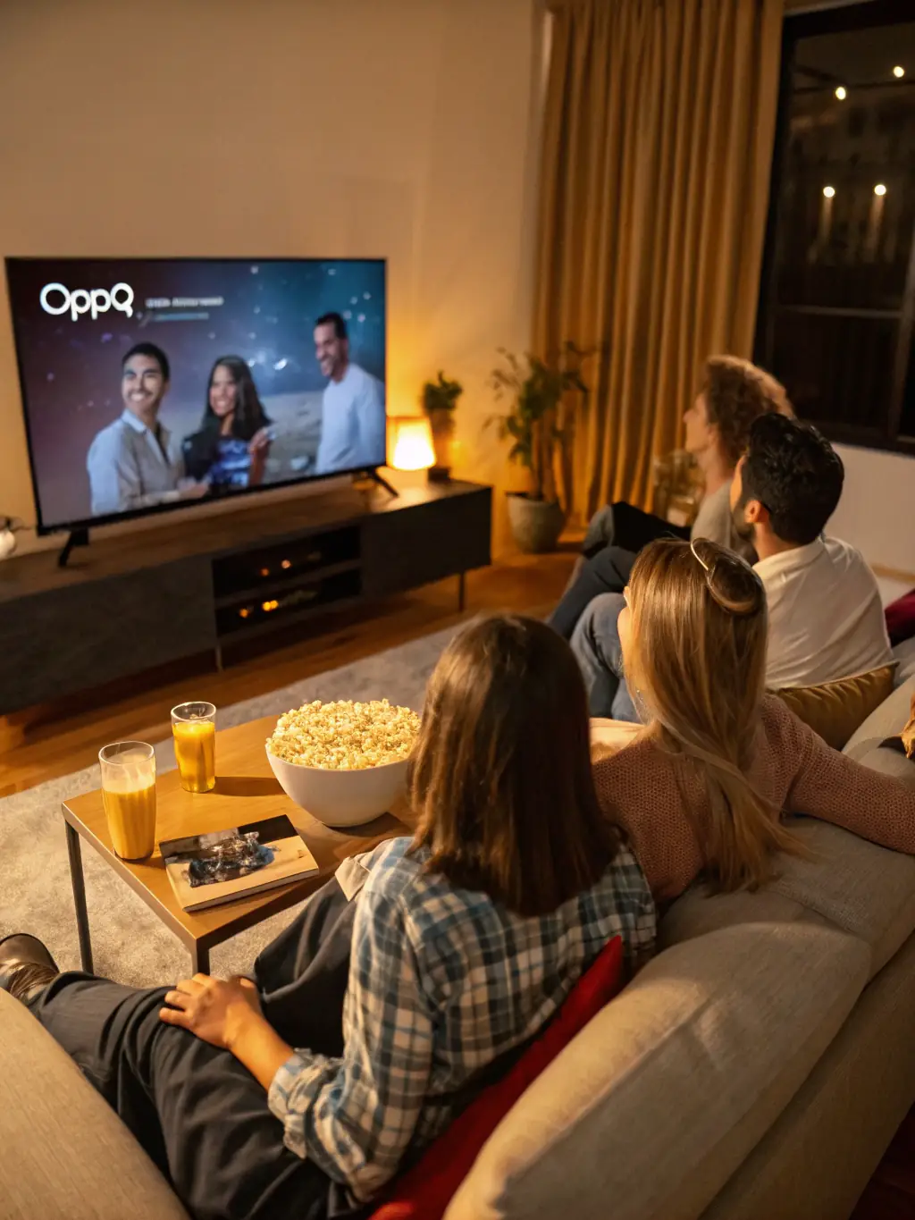A family enjoying a movie night with seamless streaming on their TV, showcasing Quadcore Broadband's reliable internet service.